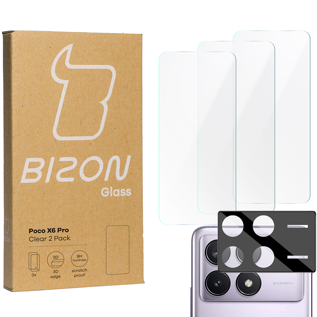 Szkło hartowane Bizon Glass Clear - 3 szt. + obiektyw, Xiaomi Poco X6 Pro